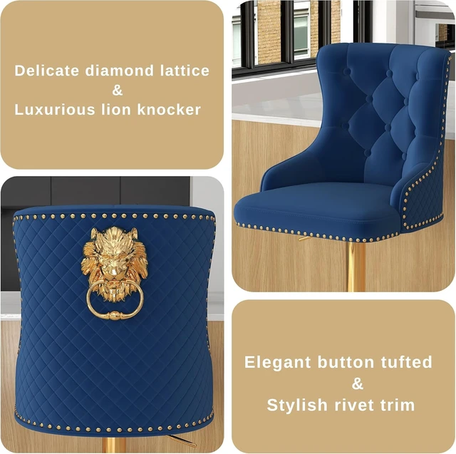 Alt view image 6 of 7 - Velvet Bar Stools Set of 3, Adjustable Height, Gold Metal Base, Blue