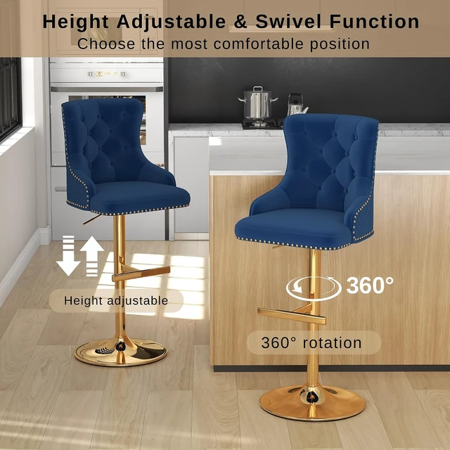 Alt view image 4 of 7 - Velvet Bar Stools Set of 3, Adjustable Height, Gold Metal Base, Blue