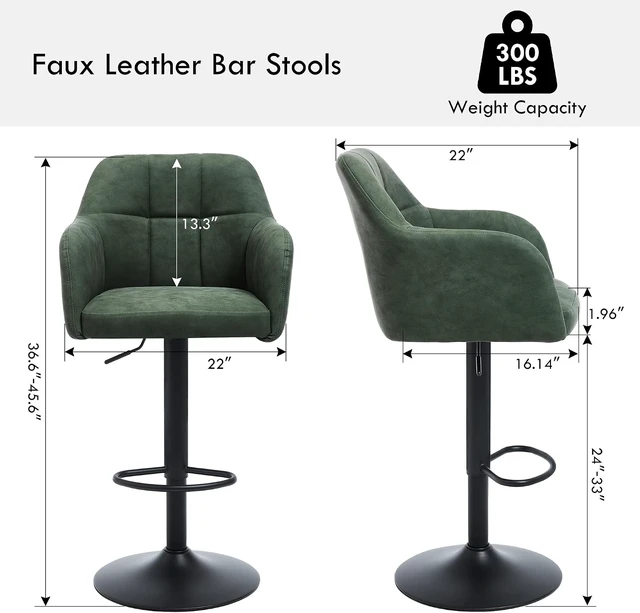 Alt view image 2 of 7 - Swivel Adjustable Barstools Set of 4, Faux Leather Bar Height Stools w/Back/Armrest, Upholstered Modern Counter Bar Chairs with Metal Footrest for Kitchen Island/Home Bar/Dining Room, Green
