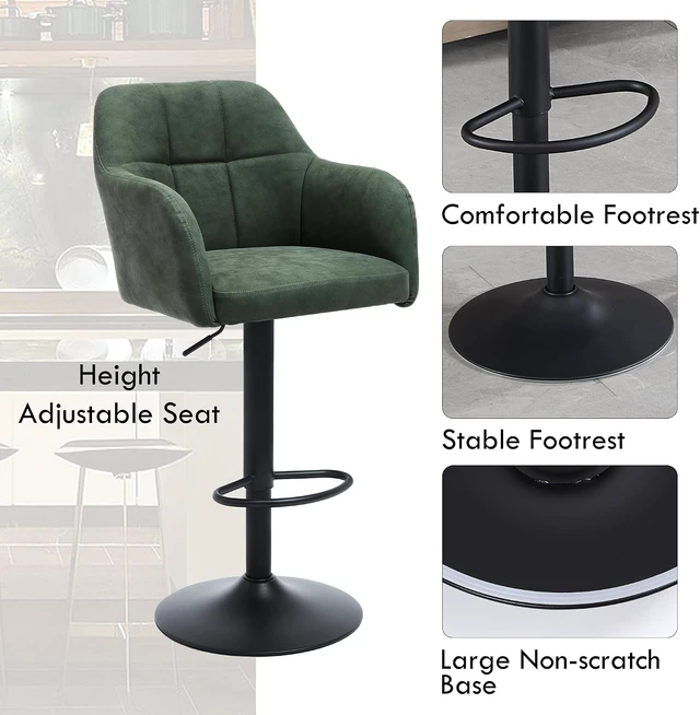 Alt view image 3 of 7 - Swivel Adjustable Barstools Set of 4, Faux Leather Bar Height Stools w/Back/Armrest, Upholstered Modern Counter Bar Chairs with Metal Footrest for Kitchen Island/Home Bar/Dining Room, Green