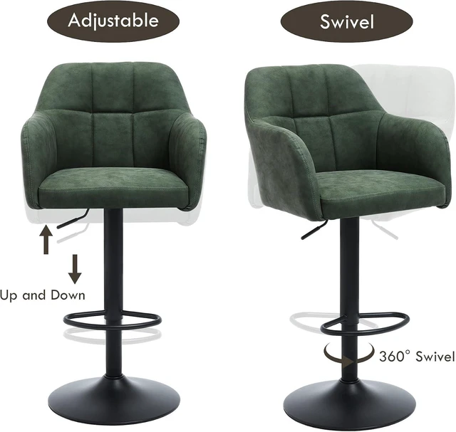 Alt view image 5 of 7 - Swivel Adjustable Barstools Set of 4, Faux Leather Bar Height Stools w/Back/Armrest, Upholstered Modern Counter Bar Chairs with Metal Footrest for Kitchen Island/Home Bar/Dining Room, Green