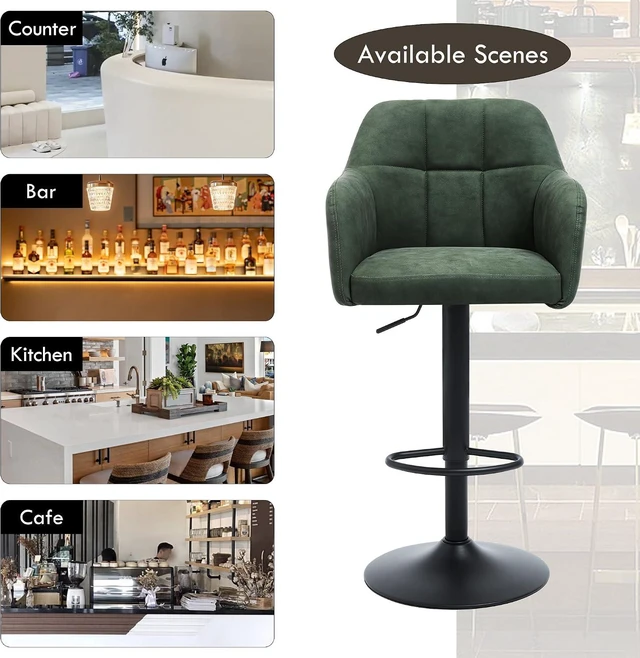 Alt view image 6 of 7 - Swivel Adjustable Barstools Set of 4, Faux Leather Bar Height Stools w/Back/Armrest, Upholstered Modern Counter Bar Chairs with Metal Footrest for Kitchen Island/Home Bar/Dining Room, Green