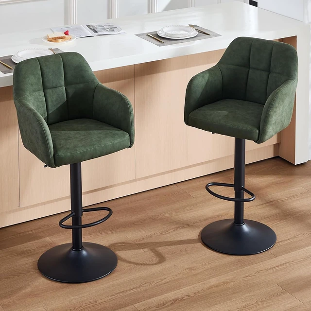 Alt view image 7 of 7 - Swivel Adjustable Barstools Set of 4, Faux Leather Bar Height Stools w/Back/Armrest, Upholstered Modern Counter Bar Chairs with Metal Footrest for Kitchen Island/Home Bar/Dining Room, Green