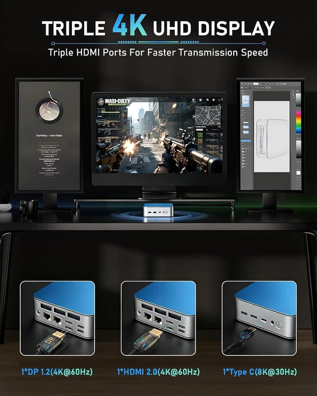 Alt view image 4 of 7 - Mini PC, Ryzen 5 7430U(Beats 7330U/5300U),16GB DDR4 Upgradable RAM 512G SSD, Dual 2.5G LAN Mini Computers Support Triple 4K Display, WiFi6 Mini Desktop Computer for Home Office Daily Use