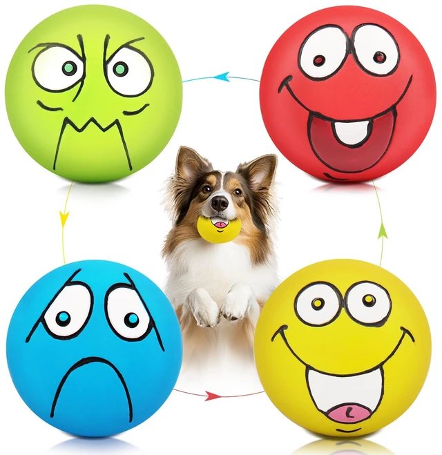 Main image of 4 Pack 2.8" Smiley Face Squeaky Dog Toys Soft Dog Balls Latex Rubber Squeak Dog Toys for Small Medium Puppy Pet Dogs (Flat Ball)