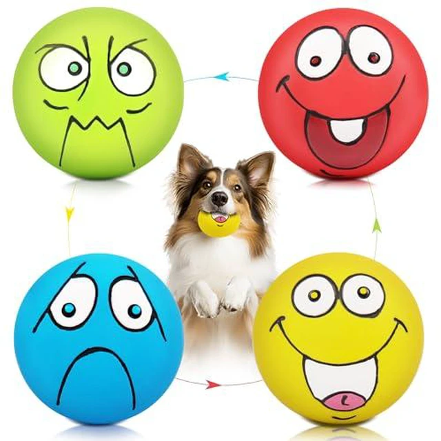Alt view image 2 of 7 - 4 Pack 2.8" Smiley Face Squeaky Dog Toys Soft Dog Balls Latex Rubber Squeak Dog Toys for Small Medium Puppy Pet Dogs (Flat Ball)