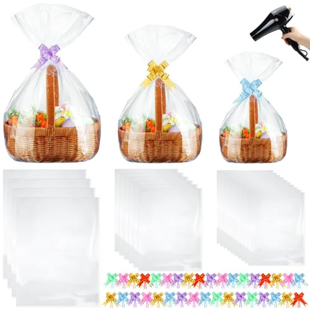 Alt view image 2 of 2 - 80 Pcs Shrink Wrap Bags for Gift Baskets, Clear Plastic with Bows