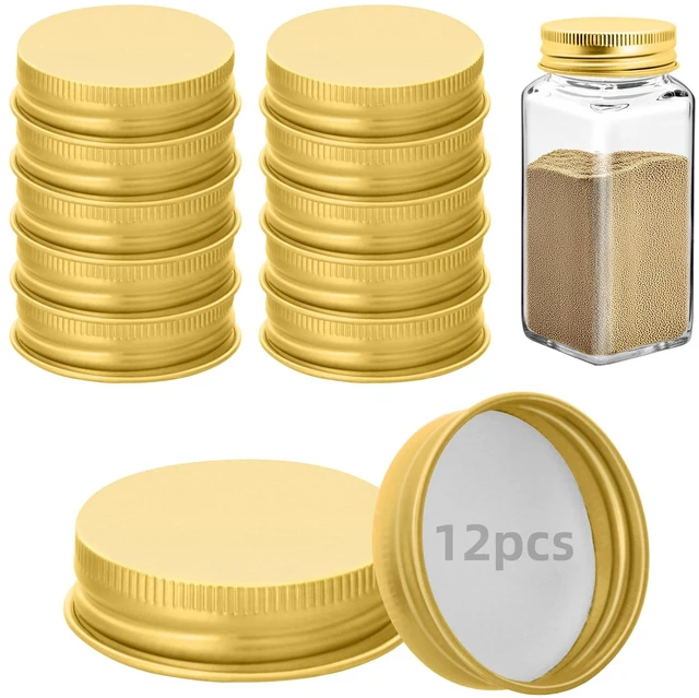 Main image of 12 Pcs iron Jar Lids Lids for 4 oz and 6 oz Square Spice Jars Reusable Can Airtight Spice Storage Canning Lids for Nice Sealing Kitchen (Gold)
