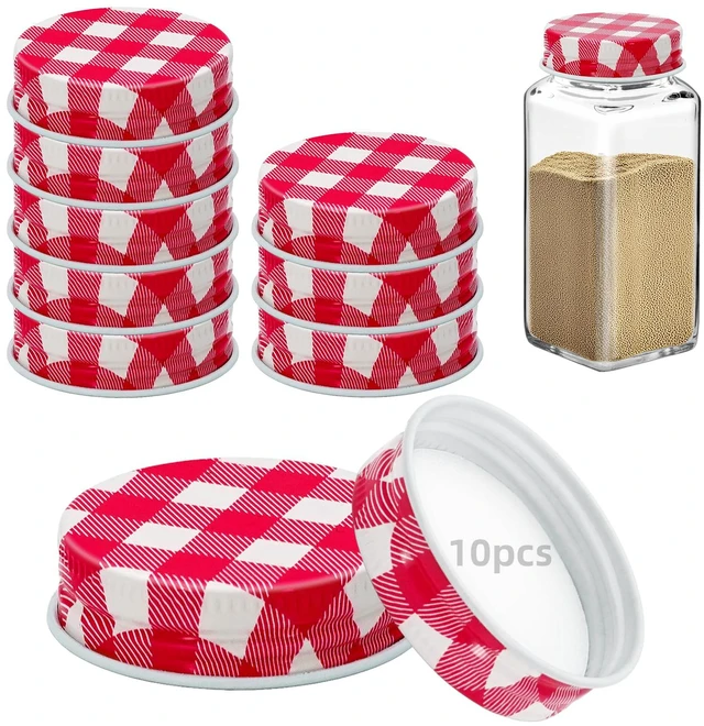 Main image of 10 Pcs iron Jar Lids Lids for 4 oz and 6 oz Square Spice Jars Reusable Can Airtight Spice Storage Canning Lids for Nice Sealing Kitchen (Red grid)