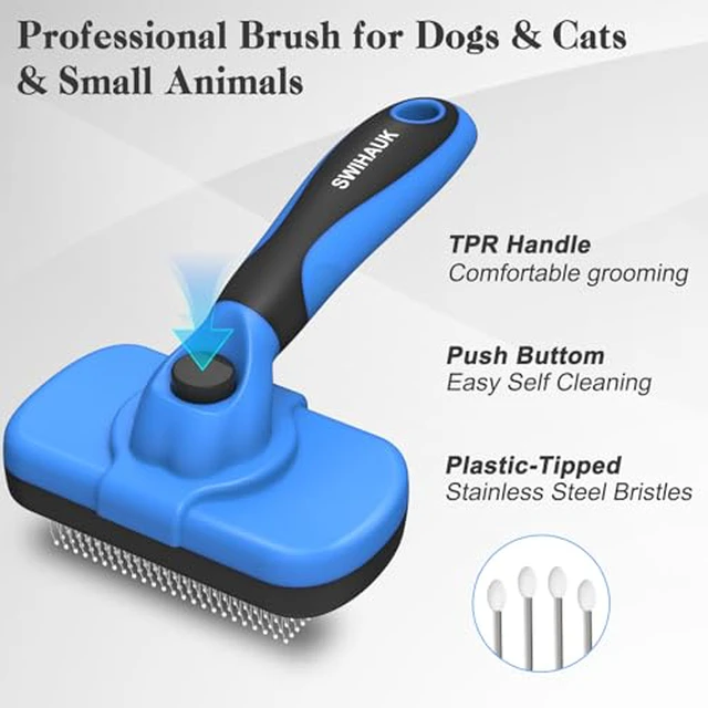 Alt view image 3 of 7 - Self Cleaning Slicker Brush - Skin Friendly Deshedding Grooming Tool for Dogs & Cats, Suitable for Shedding & Haired Pets, with Pet Supplies Accessories, Blue