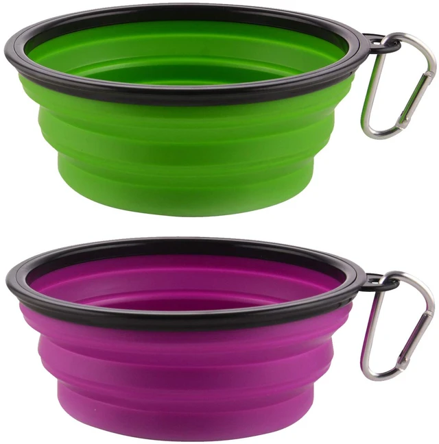 Main image of Large Collapsible Dog Bowls, 34oz Portable Foldable Travel Water Bowl Food Dishes with Carabiner Clip for Traveling, Hiking, Walking, 2 Pack (Purple+Green)