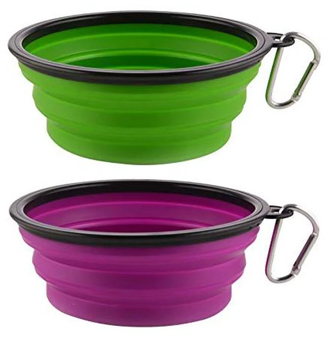 Alt view image 2 of 7 - Large Collapsible Dog Bowls, 34oz Portable Foldable Travel Water Bowl Food Dishes with Carabiner Clip for Traveling, Hiking, Walking, 2 Pack (Purple+Green)