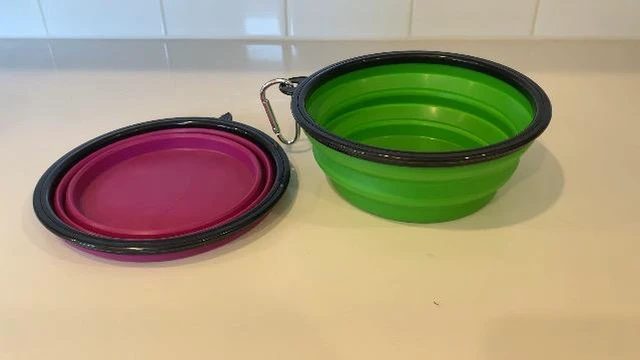 Alt view image 5 of 7 - Large Collapsible Dog Bowls, 34oz Portable Foldable Travel Water Bowl Food Dishes with Carabiner Clip for Traveling, Hiking, Walking, 2 Pack (Purple+Green)