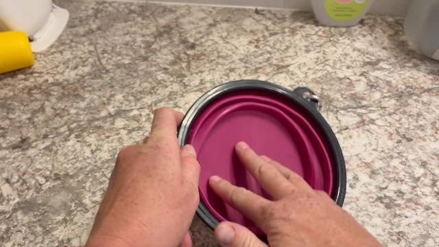 Alt view image 6 of 7 - Large Collapsible Dog Bowls, 34oz Portable Foldable Travel Water Bowl Food Dishes with Carabiner Clip for Traveling, Hiking, Walking, 2 Pack (Purple+Green)