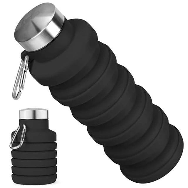 Alt view image 2 of 5 - Collapsible Water Bottle, 16oz Portable Reusable Silicone Water Bottle with Carabiner for Gym, Travel, Camping, Hiking, Sports, Lightweight, BPA-Free, Leak-Proof, Foldable Design, Black