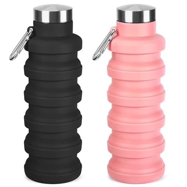 Alt view image 3 of 5 - Collapsible Water Bottle, 16oz Portable Reusable Silicone Water Bottle with Carabiner for Gym, Travel, Camping, Hiking, Sports, Lightweight, BPA-Free, Leak-Proof, Foldable Design, Black