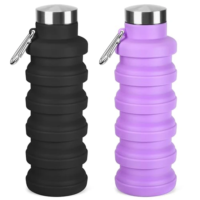 Alt view image 4 of 5 - Collapsible Water Bottle, 16oz Portable Reusable Silicone Water Bottle with Carabiner for Gym, Travel, Camping, Hiking, Sports, Lightweight, BPA-Free, Leak-Proof, Foldable Design, Black