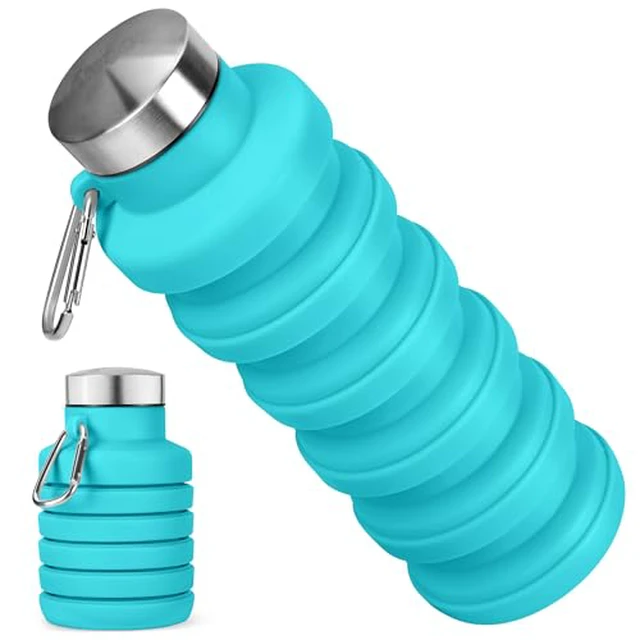 Alt view image 5 of 5 - Collapsible Water Bottle, 16oz Portable Reusable Silicone Water Bottle with Carabiner for Gym, Travel, Camping, Hiking, Sports, Lightweight, BPA-Free, Leak-Proof, Foldable Design, Black