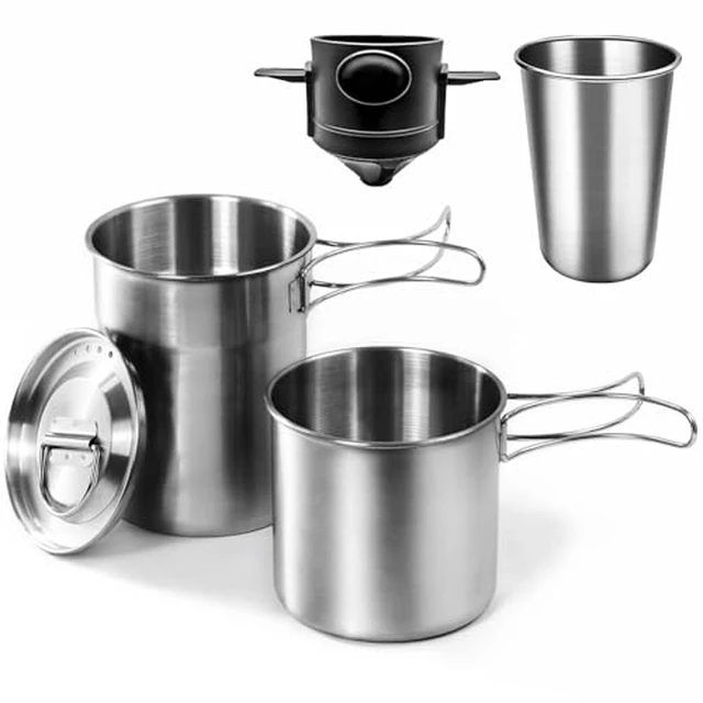 Alt view image 3 of 5 - Stainless Steel Camping Cups Mug Small Backpacking Bush Pot Set