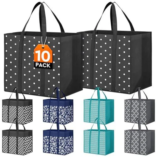 Alt view image 2 of 5 - 10 Pack Reusable Grocery Bags Waterproof Tote Bags for Shopping Groceries