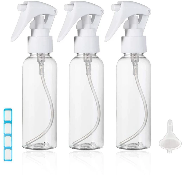 Main image of Size Spray Bottle, 3.4oz/100ml Plastic Fine Mist Spray Bottle Set, Refillable Liquid Containers, 3pcs Clear Trigger Sprayer with Funnel and Labels for Styling Kitchen Home Office Cleaning