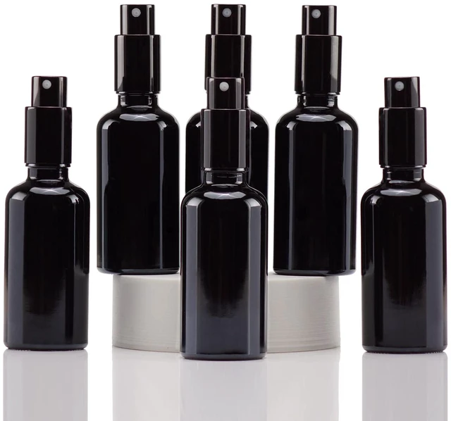 Main image of Black Glass Spray Bottles 2oz, with Small Fine Mist Spray, Metal Cap, Refillable for Essential Oil,Travel,Cleaning,Perfume,Aromatherapy,Makeup 6 Pcs