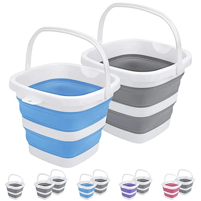 Alt view image 2 of 5 - 2 Pack Collapsible Buckets 5L 1.3Gallon Small Cleaning Bucket for Household Portable Plastic Bucket Outdoor Car Washing Tub Foldable Camping Beach Sand Water Pot Pail Space Saving Square Grey and Blue