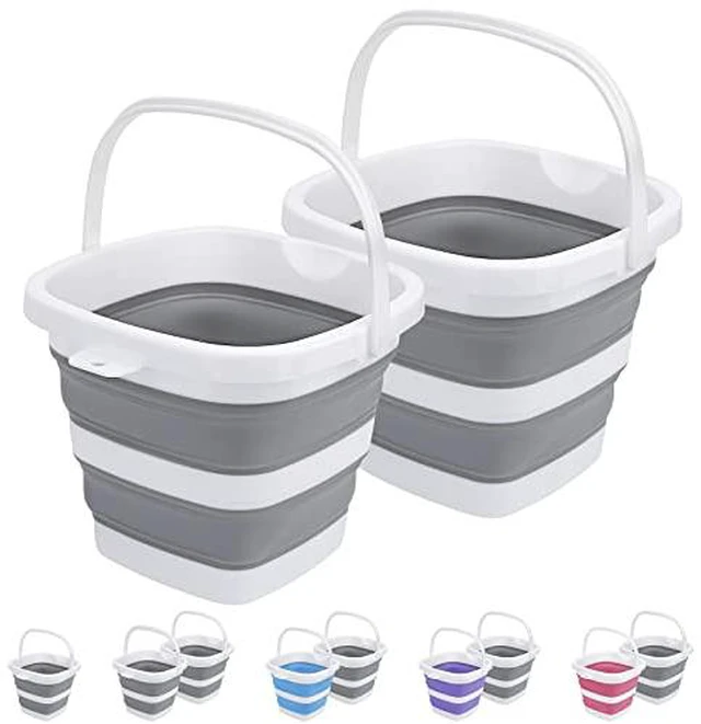 Alt view image 4 of 5 - 2 Pack Collapsible Buckets 5L 1.3Gallon Small Cleaning Bucket for Household Portable Plastic Bucket Outdoor Car Washing Tub Foldable Camping Beach Sand Water Pot Pail Space Saving Square Grey and Blue