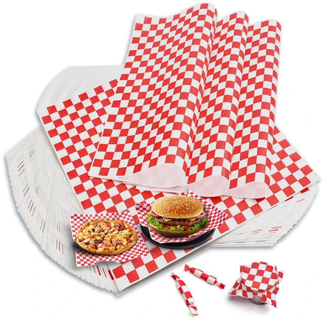 Main image of 100 Pcs Deli Paper Sheets, Grease Resistant Food Wrapping Paper, Small Wax Paper Squares for Sandwiches, Hot Dogs, Basket Liners, Upgraded 45gsm Thickness, Classic Red Checkered, YEHOSHUN 7x7"