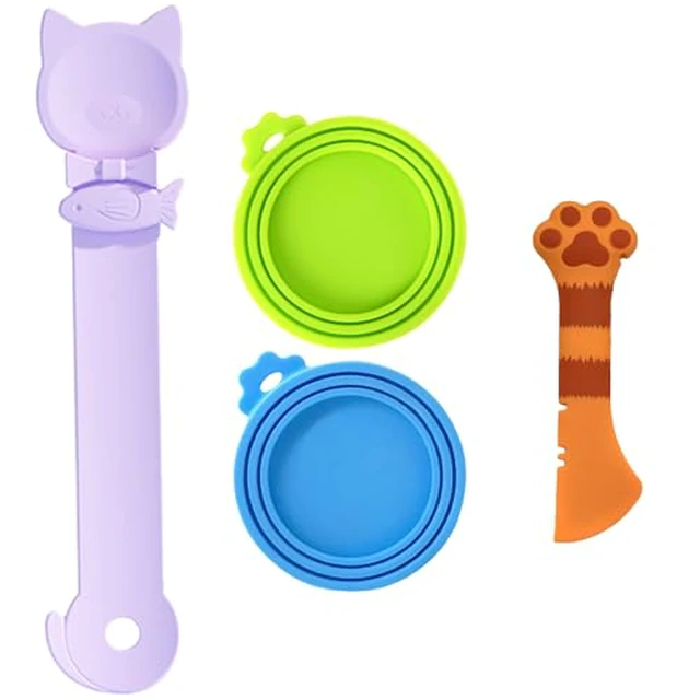 Alt view image 3 of 5 - 4pcs Pet Food Can Supplies Set Silicone Cat Food Can Lids Spoons