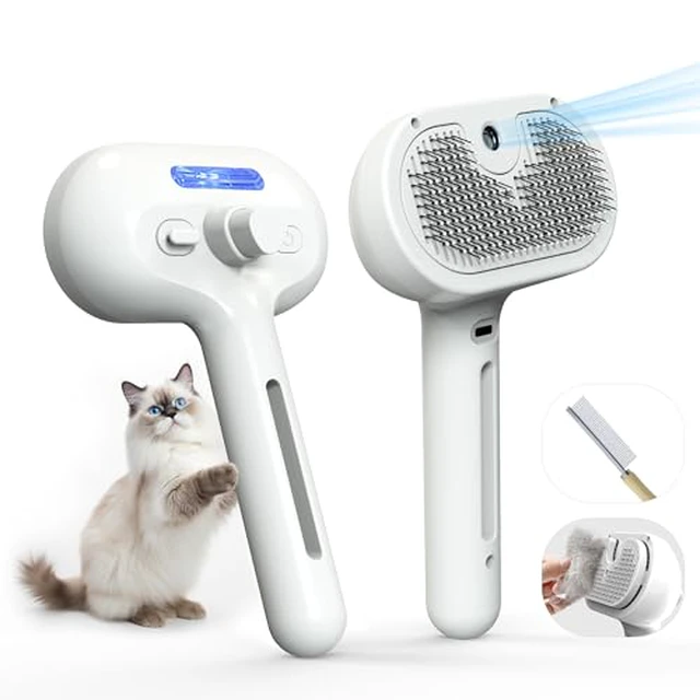 Alt view image 2 of 7 - Pet Grooming Brush with Electronic Mist Spray - Gentle Deshedding Tool for Cats & Dogs, Pet Steam BrushReduces Shedding, Soft Bristles, Promotes Healthy Coat-Comes with a hair smoothing comb-Whit