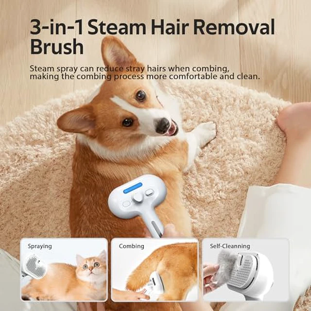 Alt view image 6 of 7 - Pet Grooming Brush with Electronic Mist Spray - Gentle Deshedding Tool for Cats & Dogs, Pet Steam BrushReduces Shedding, Soft Bristles, Promotes Healthy Coat-Comes with a hair smoothing comb-Whit