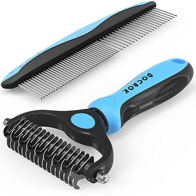 Alt view image 2 of 7 - Pet Grooming Combo - Blue Deshedding Brush with Metal Comb for Detangling and Dematting Long, Matted Fur on Cats and Dogs