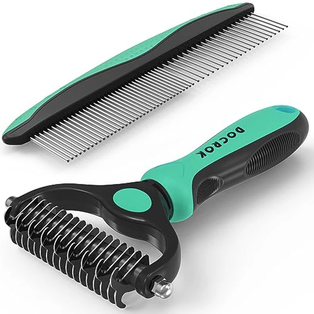 Alt view image 5 of 7 - Pet Grooming Combo - Blue Deshedding Brush with Metal Comb for Detangling and Dematting Long, Matted Fur on Cats and Dogs