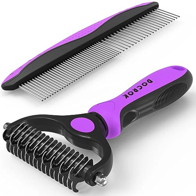 Alt view image 7 of 7 - Pet Grooming Combo - Blue Deshedding Brush with Metal Comb for Detangling and Dematting Long, Matted Fur on Cats and Dogs