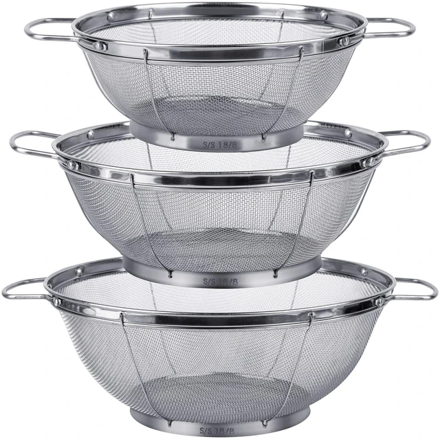 Main image of 3 Pack 18/8 Stainless Steel Colander Sieves(5-Quart, 4-Quart and 3-Quart), Mesh Strainer Net Baskets with Handles & Resting Base for Strain, Drain, Rinse or Steam