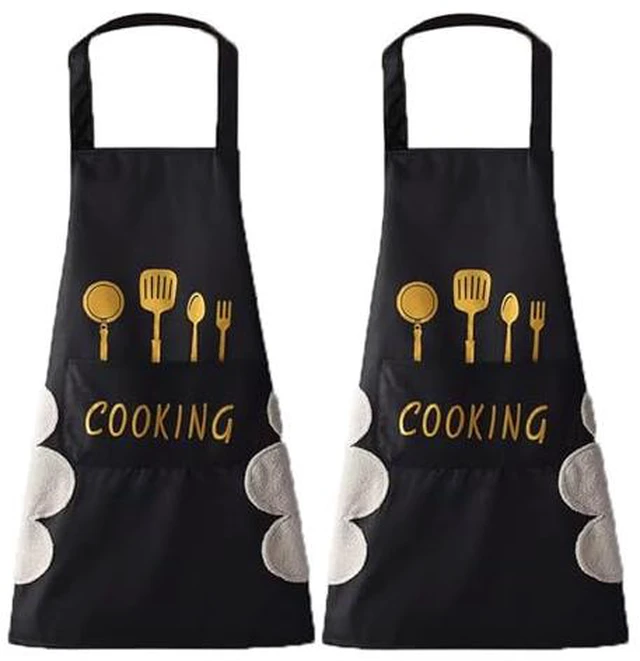 Alt view image 2 of 3 - Apron with Hand Wipe,Water-drop Resistant with 2 Pockets Cooking Bib Aprons for Women Men Chef