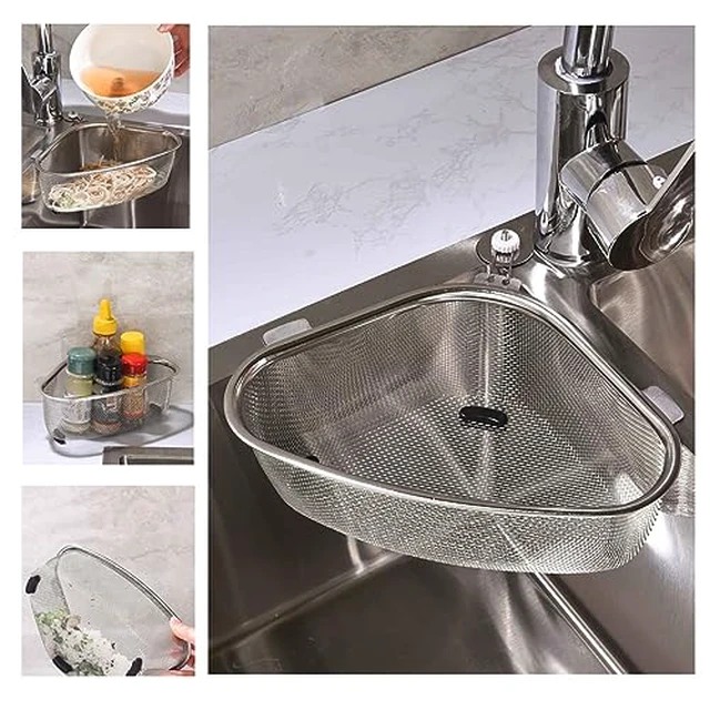 Alt view image 2 of 5 - Triangle Sink Strainer, Corner Sink Strainer, Multifunction Sink Drain Strainer Basket, Stainless Steel Food Catcher Strainer for Kitchen Waste, Vegetable, Fruits (Silver) (CF-001)