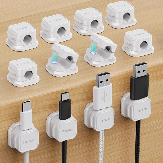Main image of 12 Pack Magnetic Cable Clip Organizer Cord Holder, Picozon Adhesive Cable Management, Wire Phone USB Charger Cable Holder, Keeper Organizer for Office Home Desktop Table - White