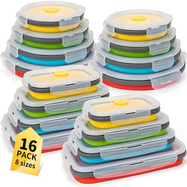 Alt view image 4 of 5 - Collapsible Food Storage Containers with Airtight Lid & Air Vent, 16.9 oz, Kitchen Stacking Silicone Collapsible Meal Prep Container Set for Leftover, Microwave Freezer Dishwasher Safe, Blue, Set