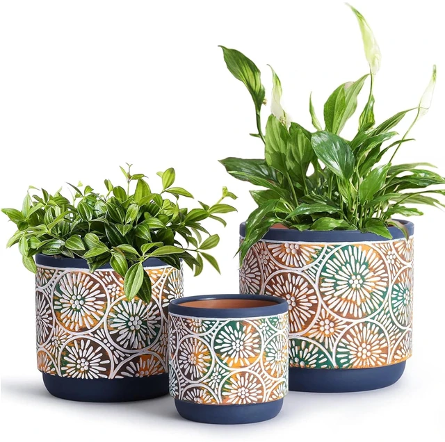 Main image of 3 Piece Ceramic Plant pots Indoor Pots Set with Drainage Holes, 5.7/4.7/3.5/inch, Modern Decorative pots Outdoor Plants Lilies, Cacti, Succulents, Snakes, and Bamboo (Blue)