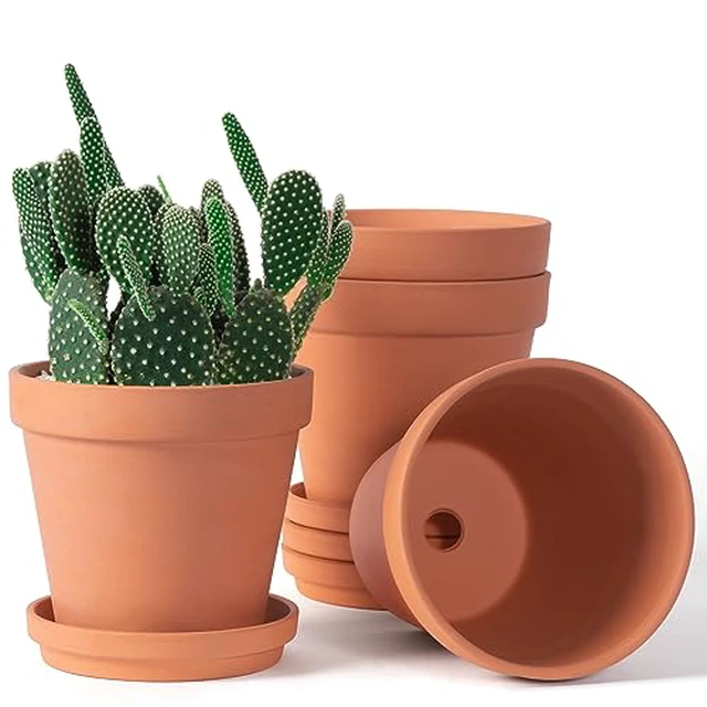Alt view image 2 of 5 - 6 inch Terracotta & Clay Pots for Plants with Saucer, Medium Terra Cotta Plant Pots with Drainage Hole, Flowerpot with Tray, Terracotta Pot for Indoor Outdoor Plant - Pack of 4 Planters
