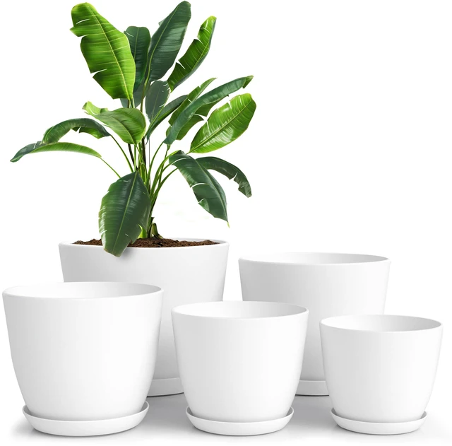 Main image of Plant Pots Indoor with Drainage, 5 Pack Multi-Size Planters Set, White