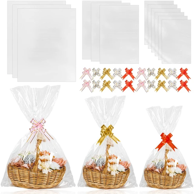 Main image of Labeol 50pcs Cellophane Bags 3 Sizes Cellophane Wrap for Gift Baskets 24x30 16x24 12x18 Large Clear Plastic Packaging Bags with 50 Pull Bows for Gift Wrapping