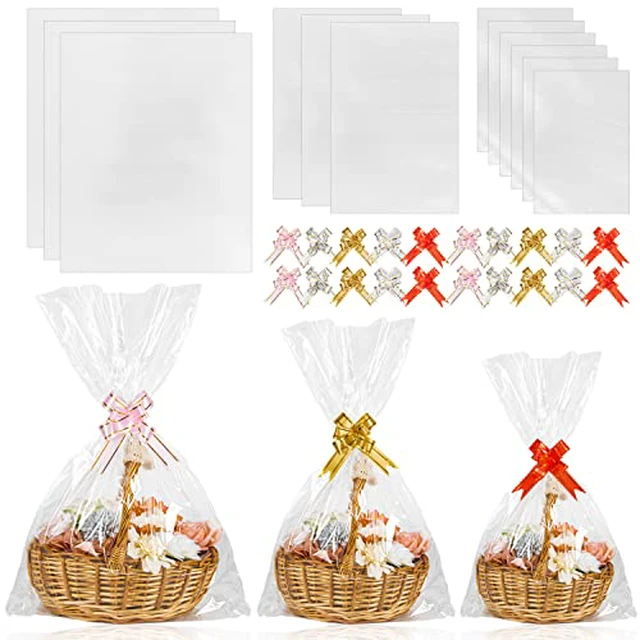 Alt view image 2 of 2 - Labeol 50pcs Cellophane Bags 3 Sizes Cellophane Wrap for Gift Baskets 24x30 16x24 12x18 Large Clear Plastic Packaging Bags with 50 Pull Bows for Gift Wrapping