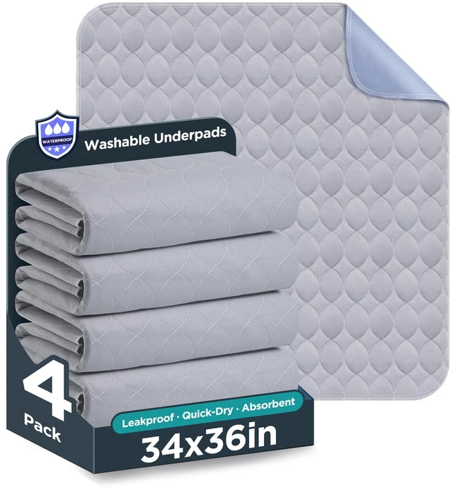 Main image of Bed Pads 34" x 36" - 4 Pack, Grey, Waterproof Bed Pads for Incontinence, Bed Wetting Pads for Bed, Sofa, Floor, Resuable Underpads for Adults, Seniors, Pet
