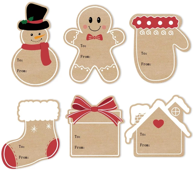 Main image of Christmas Gift Tags Stickers, 96Pcs Christmas Gift Labels Xmas Name Tags for Gifts Wrap Presents Boxes Decoration, 2 x 3 Inch, Self-Adhesive Natural Kraft Paper Stickers (Cute)