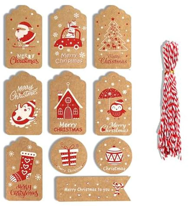 Alt view image 4 of 6 - RIKWOG 50Pcs Christmas Tags, 10 Styles Xmas Kraft Paper Gift Tag Hang Labels with String for Christmas Wrap DIY Xmas Present
