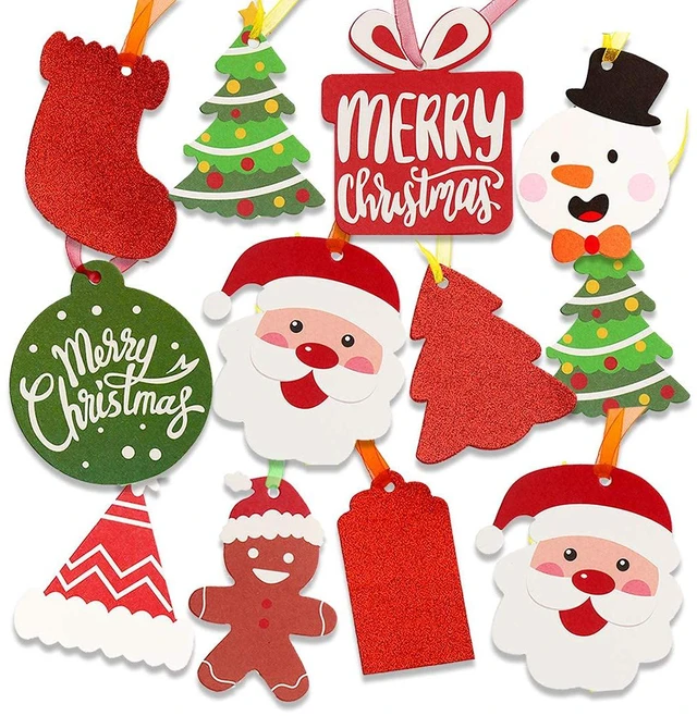 Main image of SULOLI Christmas Gift Tags, 100 Pieces Colorful Xmas Kraft Paper Tags Hanging Labels with Organza Strings for Xmas Gift Decorations (Assorted 10 Styles)