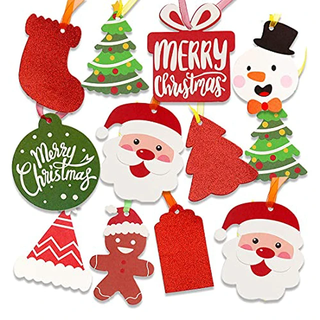 Alt view image 3 of 5 - SULOLI Christmas Gift Tags, 100 Pieces Colorful Xmas Kraft Paper Tags Hanging Labels with Organza Strings for Xmas Gift Decorations (Assorted 10 Styles)